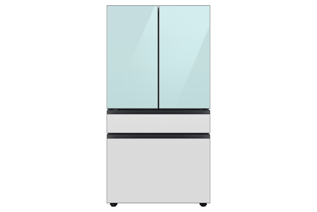 Samsung Bespoke RF29BB86004M 29 Cu. Ft. 4-Door French Door Refrigerator with Beverage Center, Morning Blue and White Glass